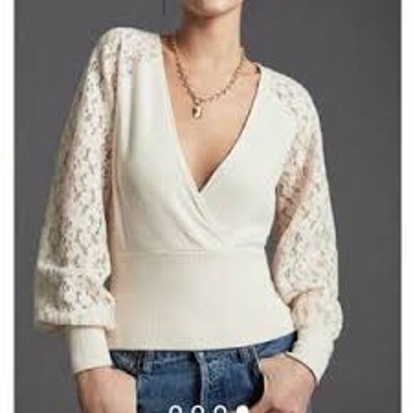 Anthropologie Sweaters - Anthropologie Women's Faux Wrap Lace Sleeve Sweater Long Sleeve Cream Size S